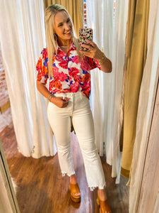 It's The Right Time White & Pink Floral Short Sleeve Blouse