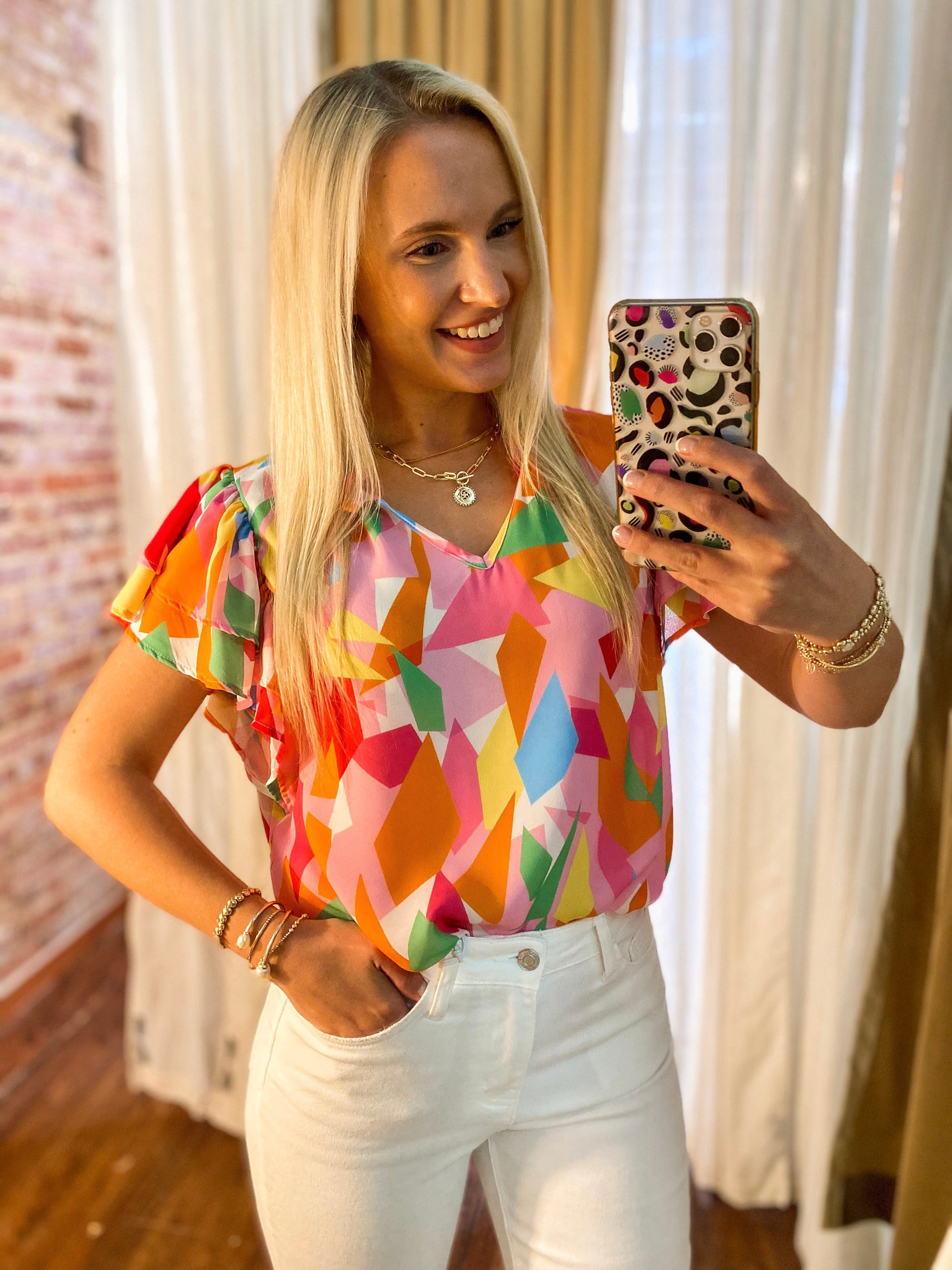 Just A Guess Multi-Color Abstract Print Blouse