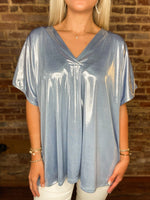 Load image into Gallery viewer, Higher Views Blue Shiny Boxy Blouse
