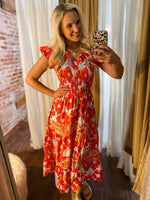Load image into Gallery viewer, Don&#39;t Have To Try Red Floral Smocked Midi Dress
