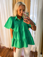 Load image into Gallery viewer, Giving Hope Tiered Button Down Kelly Green Blouse
