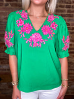 Load image into Gallery viewer, Let Me Decide Kelly Green Floral Embroidered THML Blouse
