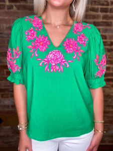 Let Me Decide Kelly Green Floral Embroidered THML Blouse