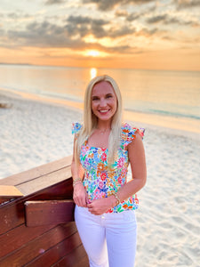Vacation Ready Smocked Multi Floral Sleeveless Blouse