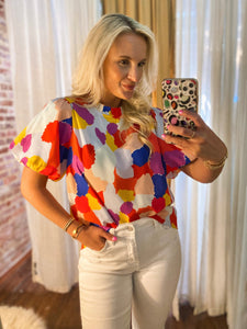 Life of Color Multi-Colored Abstract Puff Sleeve Blouse