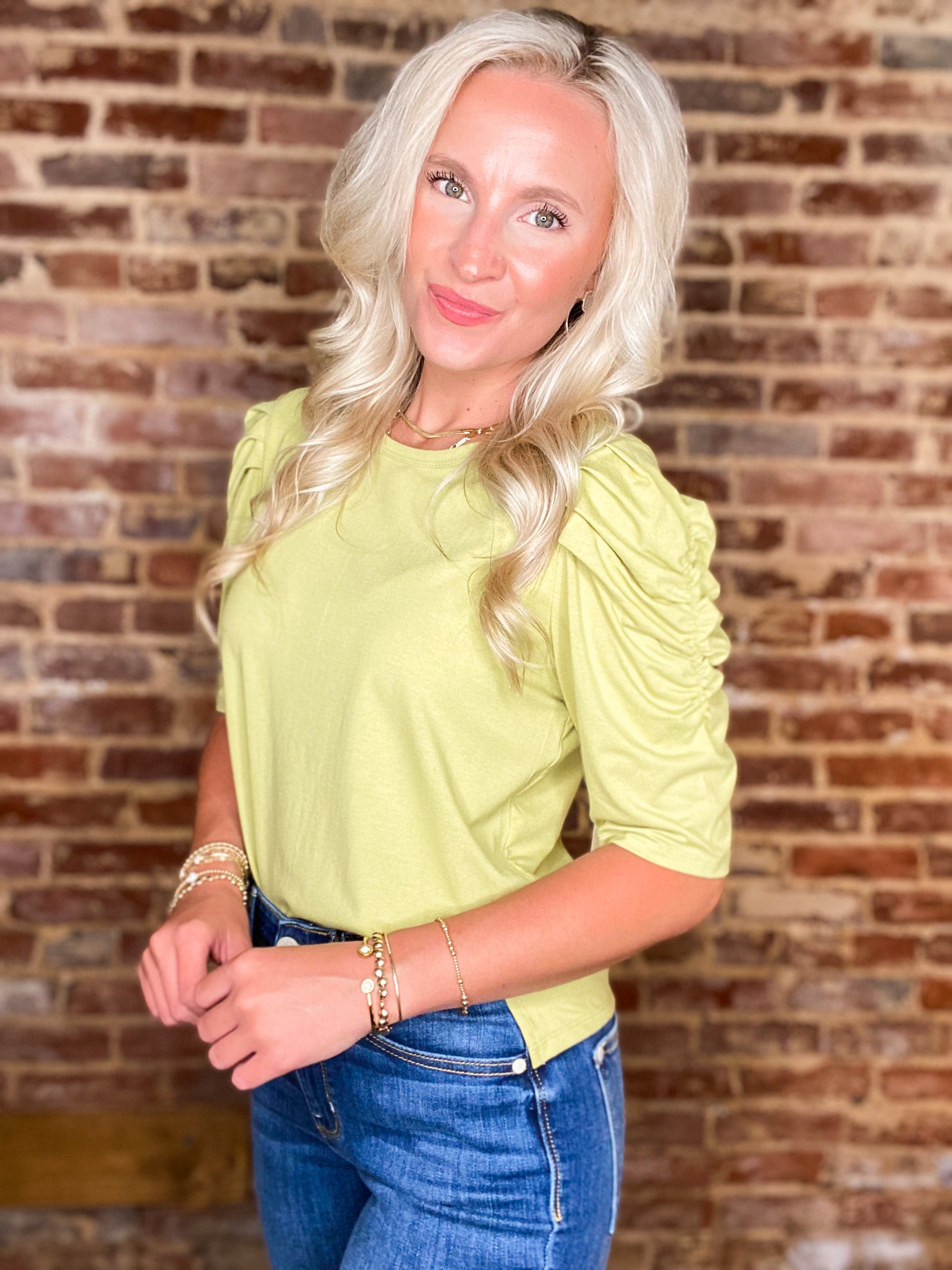 Styling It Basic Light Green Ruched Arm Blouse