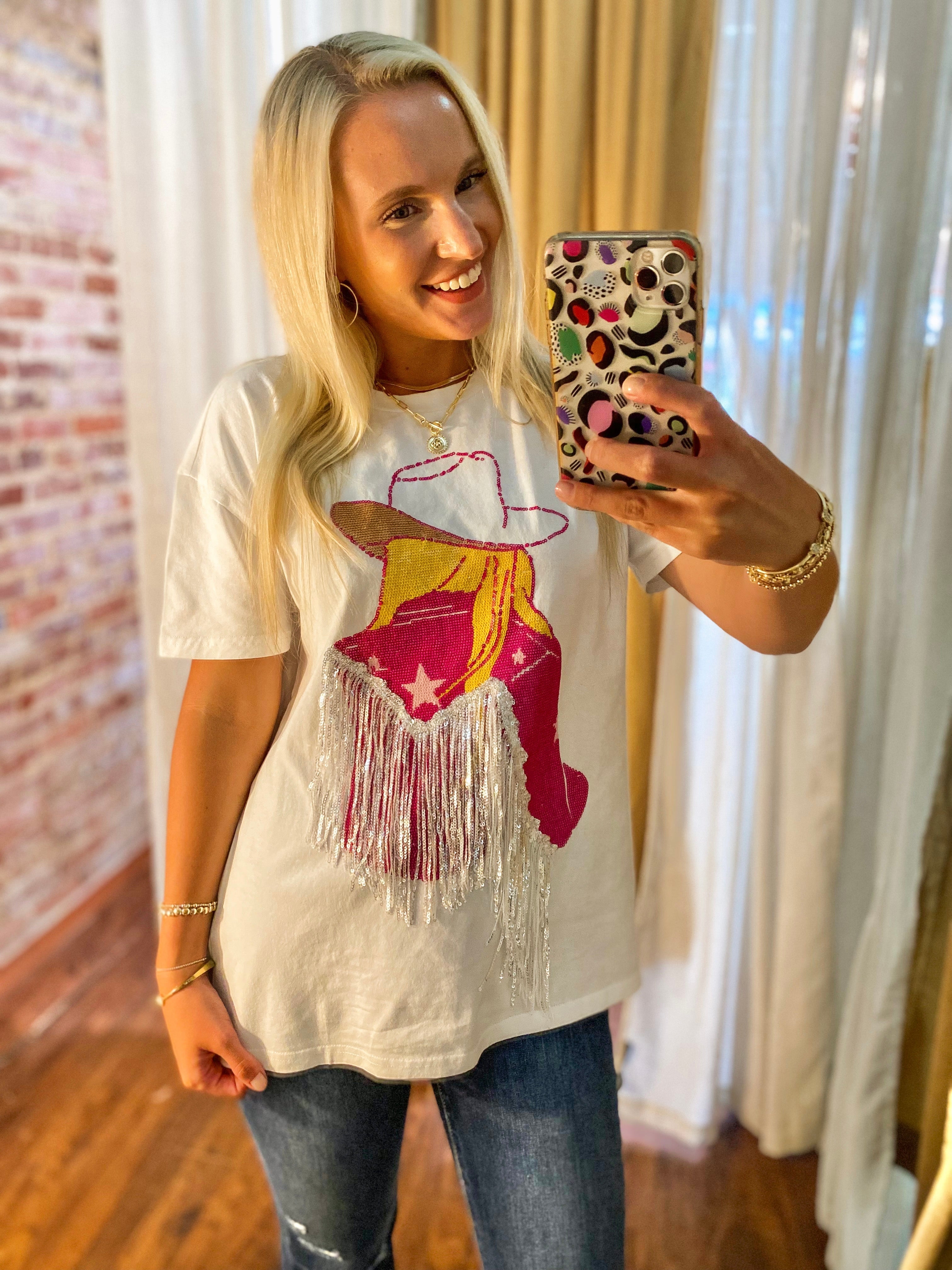 Blonde Broadway Babe White Sequin Cowgirl Tee