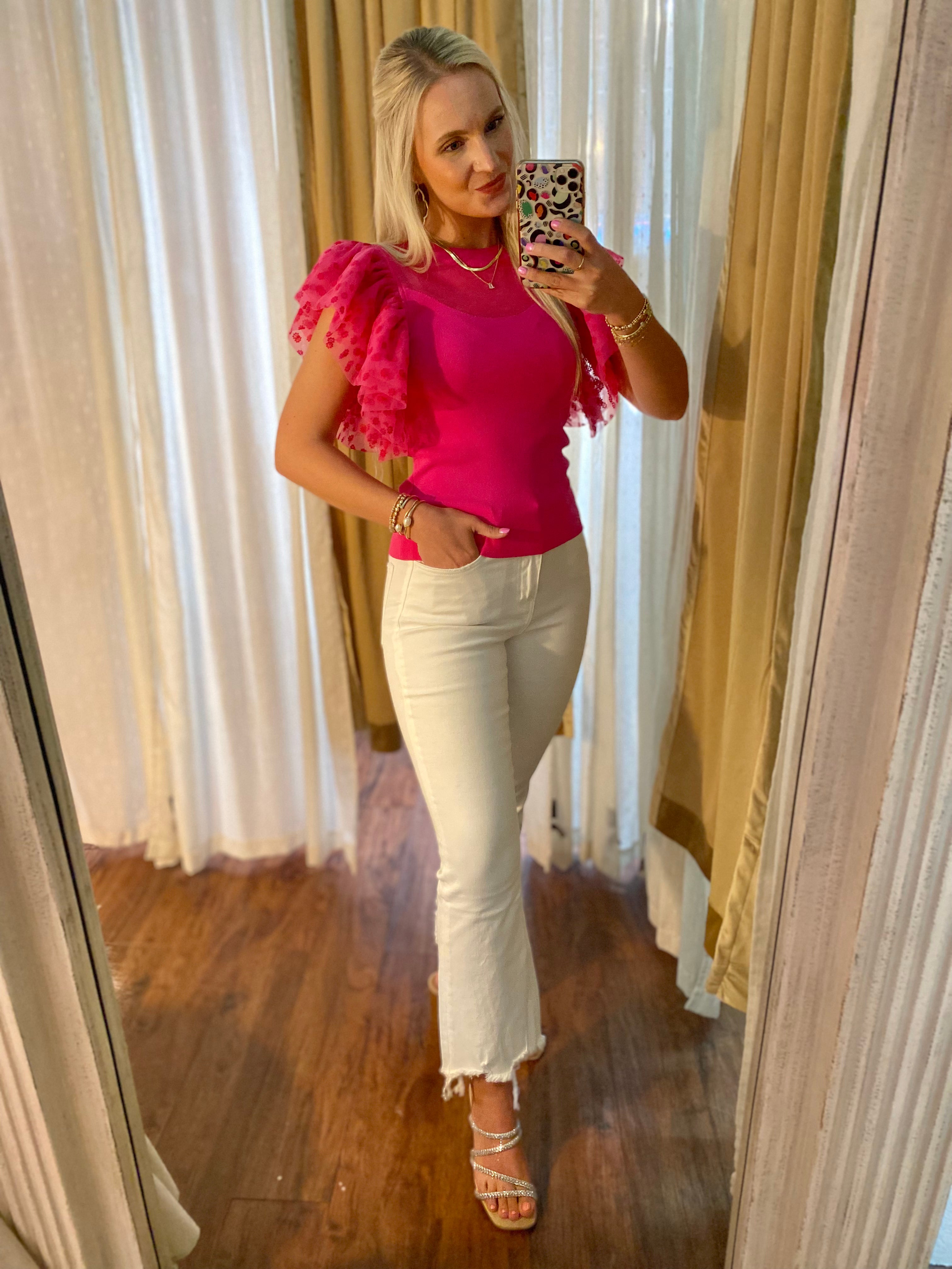 Full Of Sass Pink Knitted Tulle Sleeve Blouse