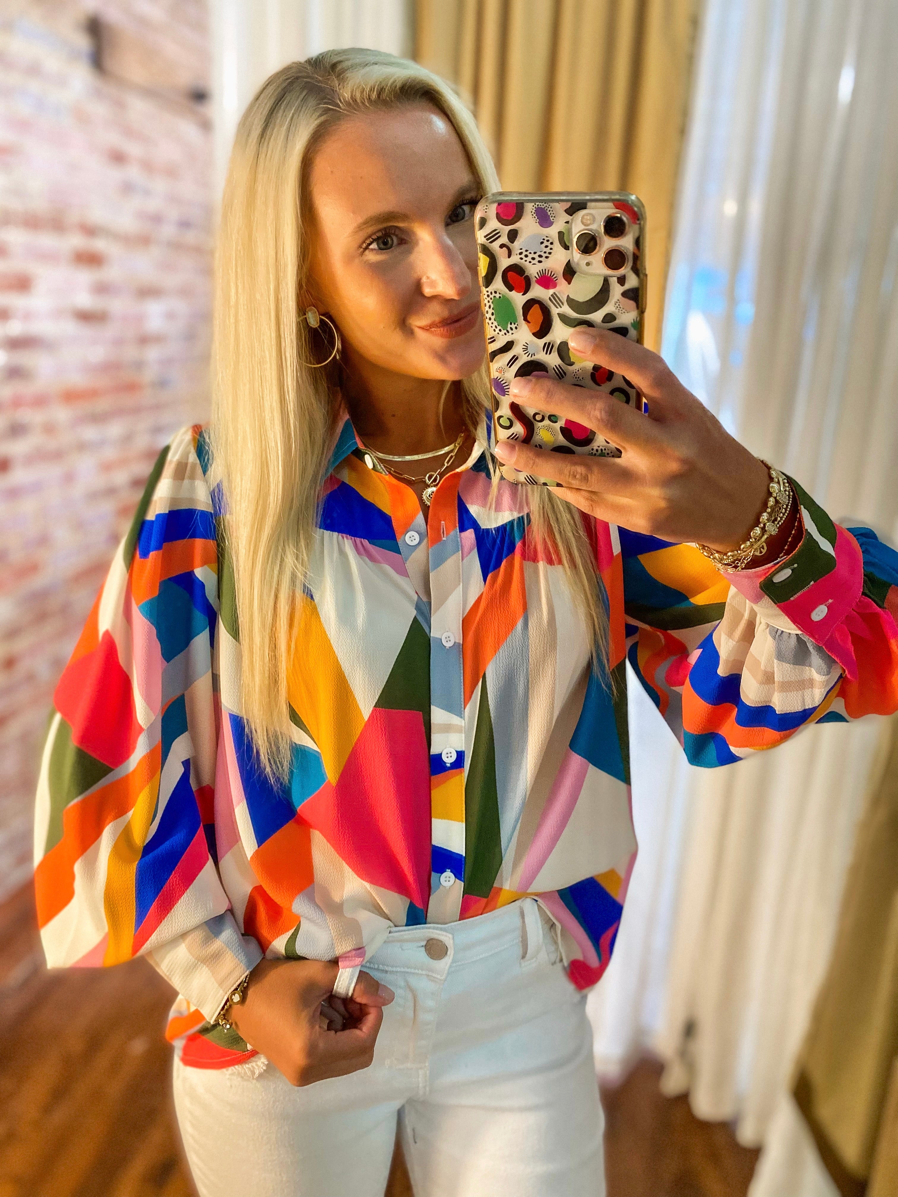 Time For Me Abstract Button Down Blouse
