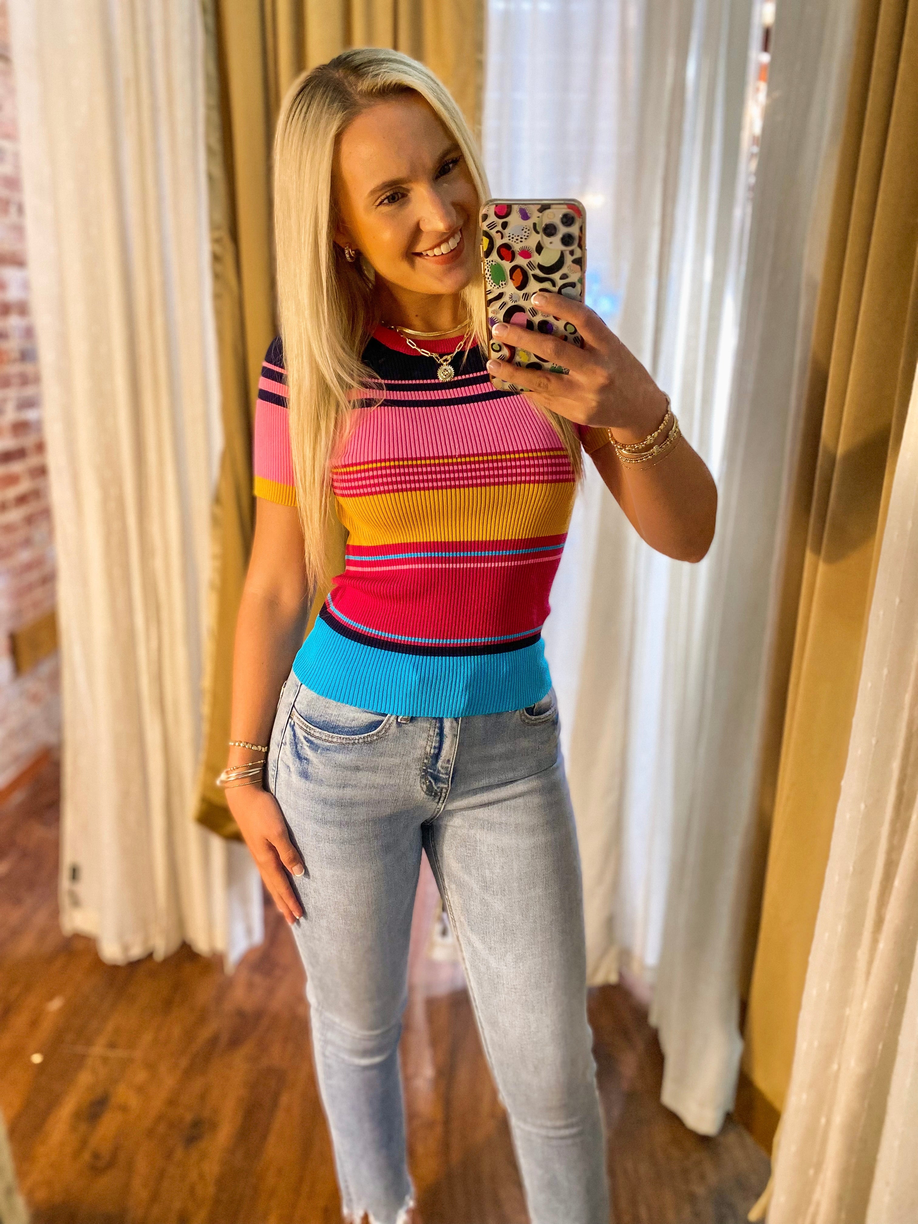 In A Daze Multi-Color Striped Short Sleeve Sweater Blouse