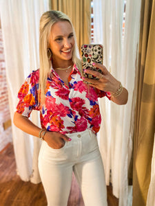 It's The Right Time White & Pink Floral Short Sleeve Blouse