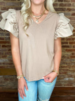 Load image into Gallery viewer, All About It Mocha Ruffle Sleeve Ribbed Blouse
