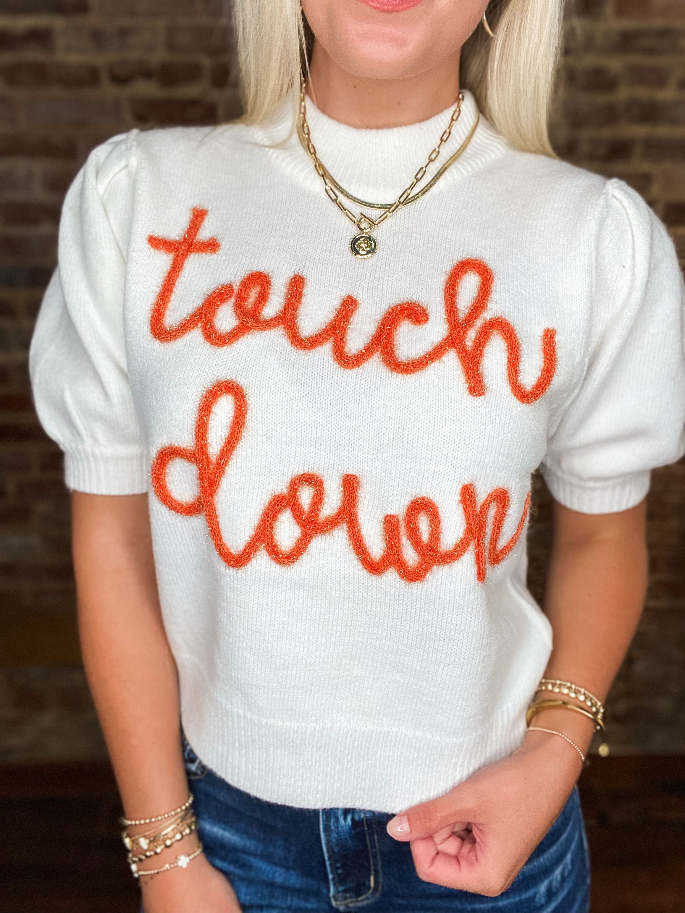 Touch Down Patch White Knitted Short Sleeve Sweater