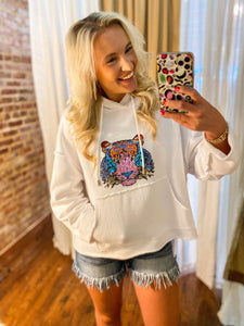 Wild Side Sequin Tiger Cropped White Hoodie