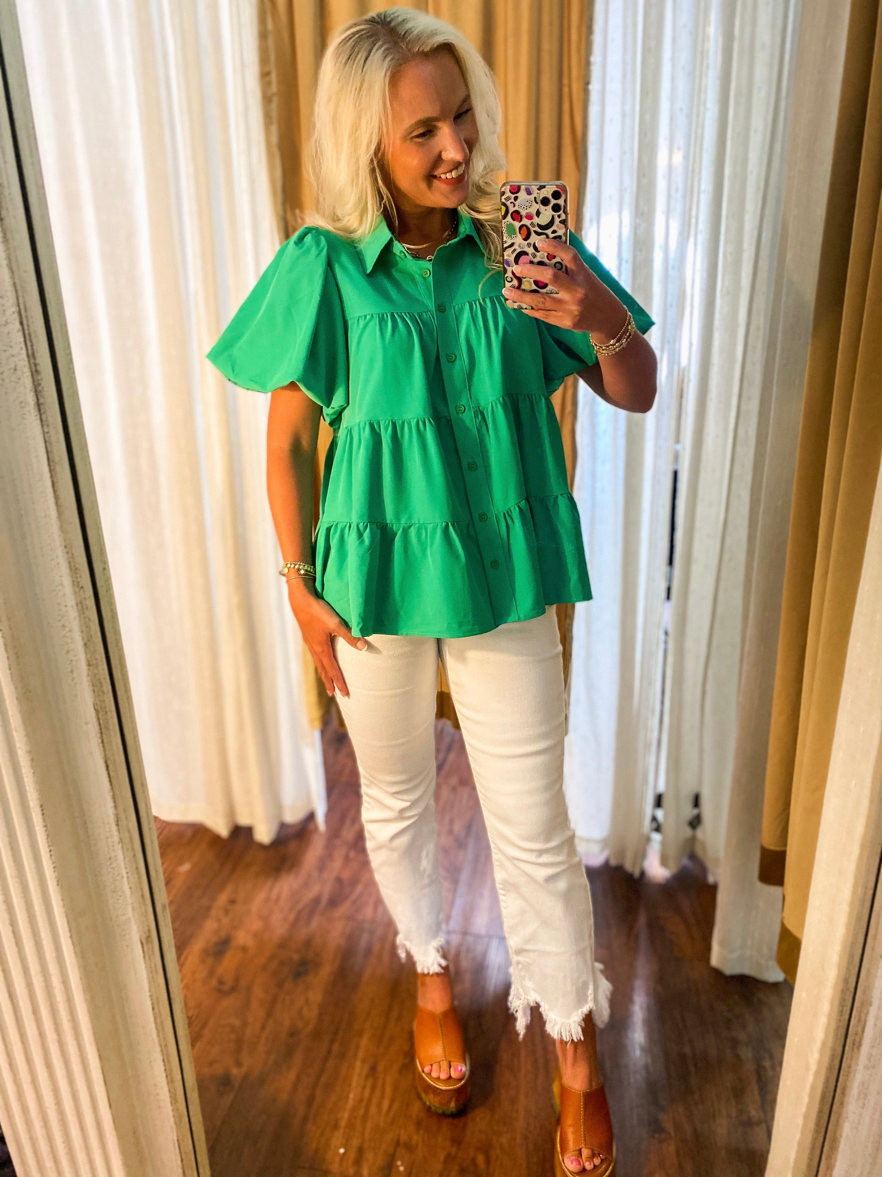Giving Hope Tiered Button Down Kelly Green Blouse