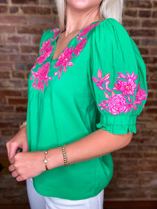 Let Me Decide Kelly Green Floral Embroidered THML Blouse