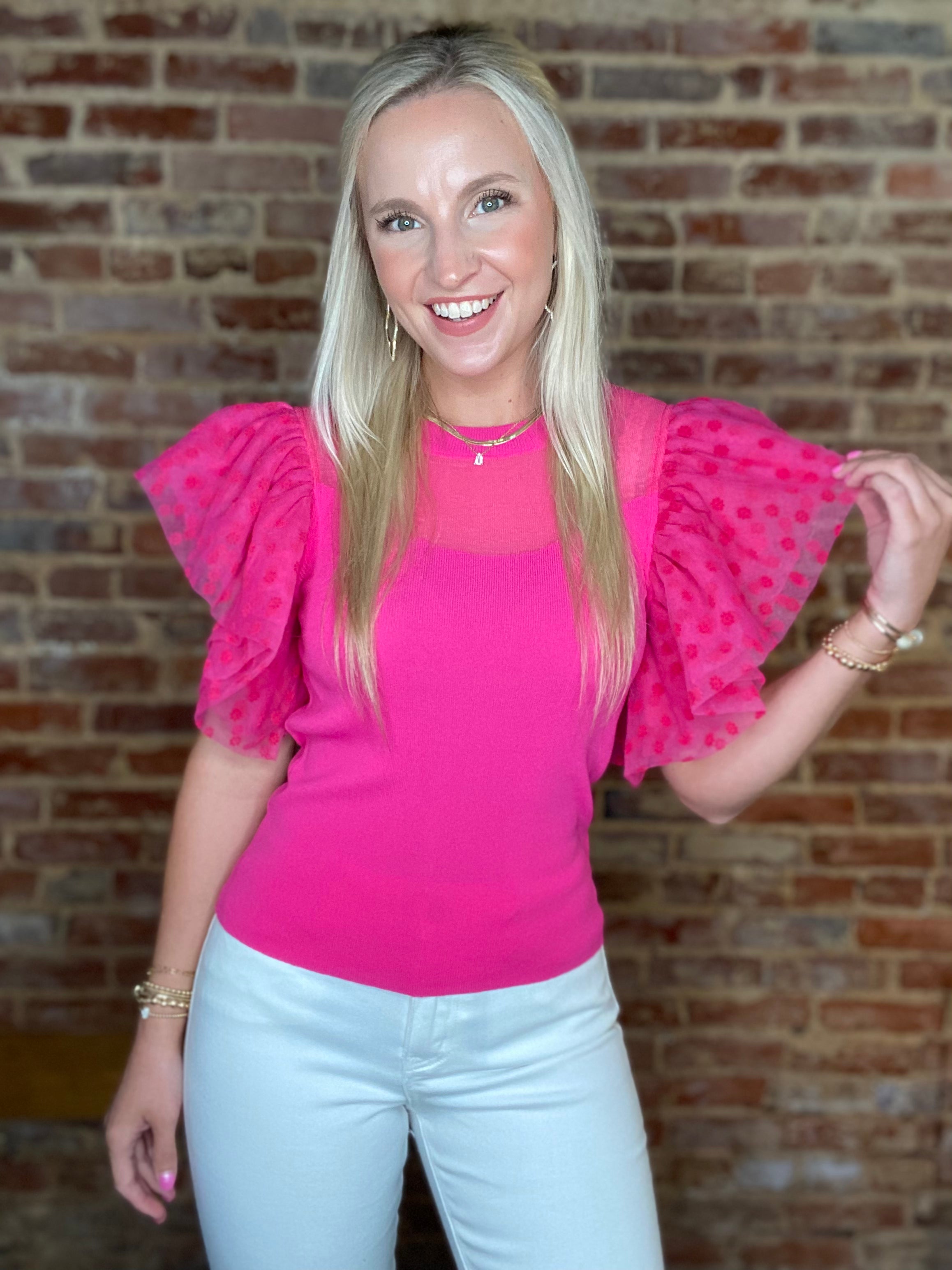 Full Of Sass Pink Knitted Tulle Sleeve Blouse