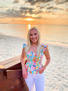 Vacation Ready Smocked Multi Floral Sleeveless Blouse