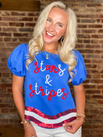 Load image into Gallery viewer, Stars &amp; Stripes Sequin Hem Blue Blouse
