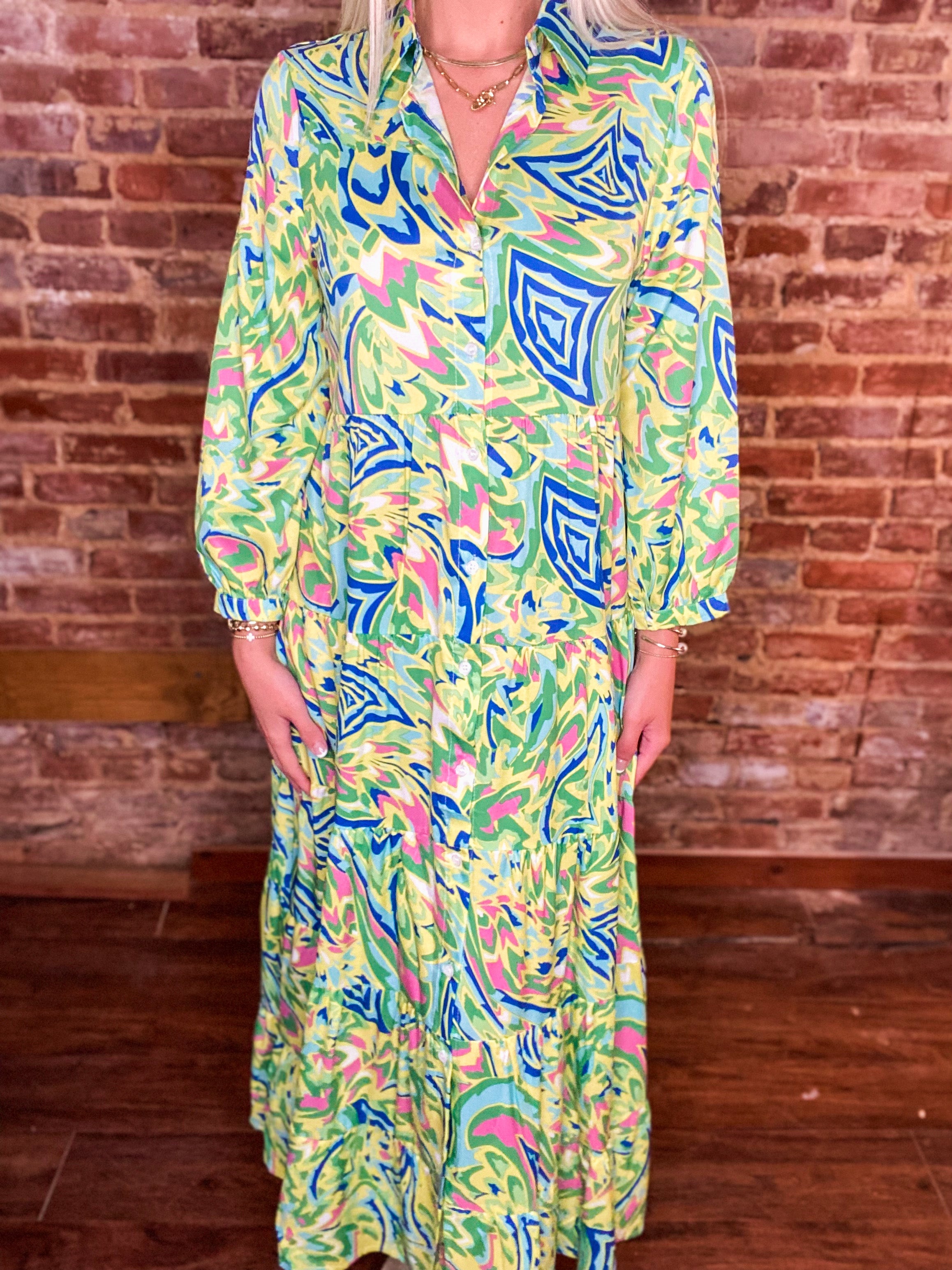 Catching Feelings Lime Abstract Print Button Down Maxi Dress