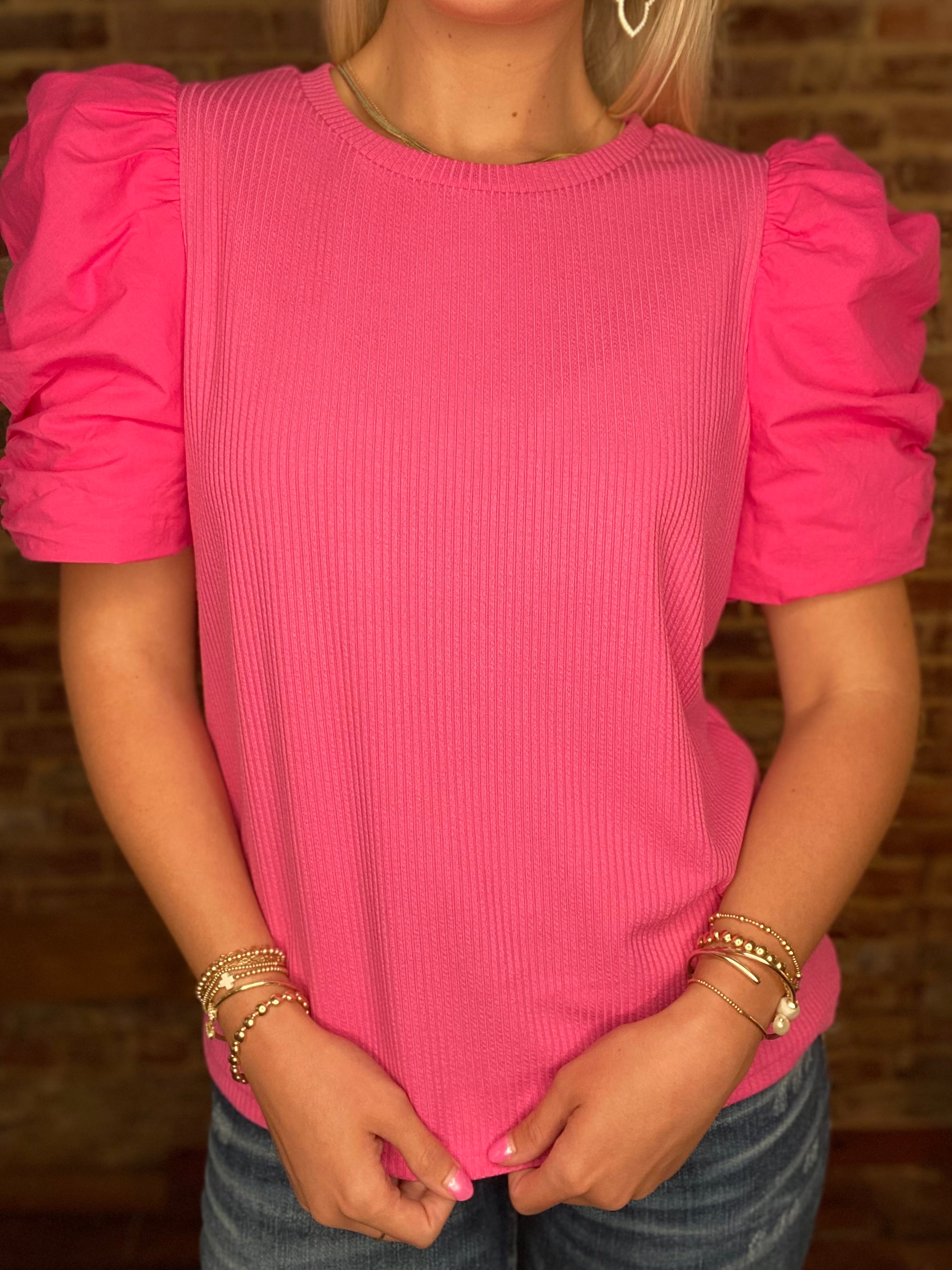 Trace It Out Ribbed Pink Puff Sleeve Blouse