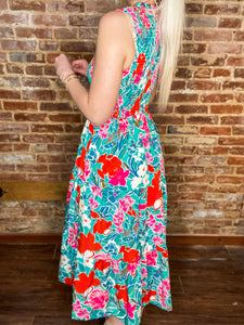 Never Tell Teal & Red Floral Smocked Maxi THML Dress