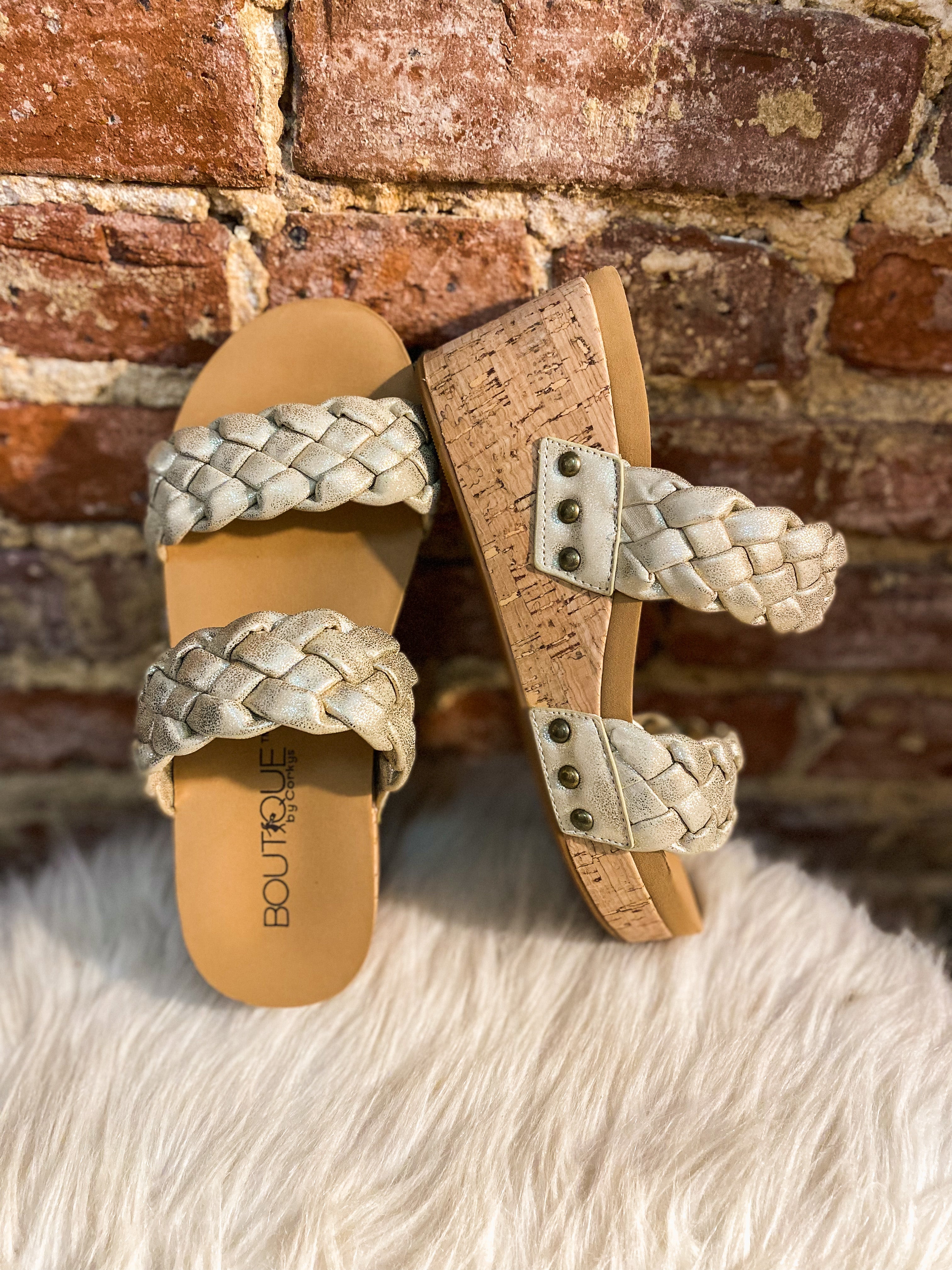 Delightful Gold Shimmer Braided Boutique by Corkys Wedge