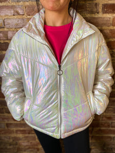 New Ideas Iridescent White Puffer Jacket – Shopaholics Only Boutique