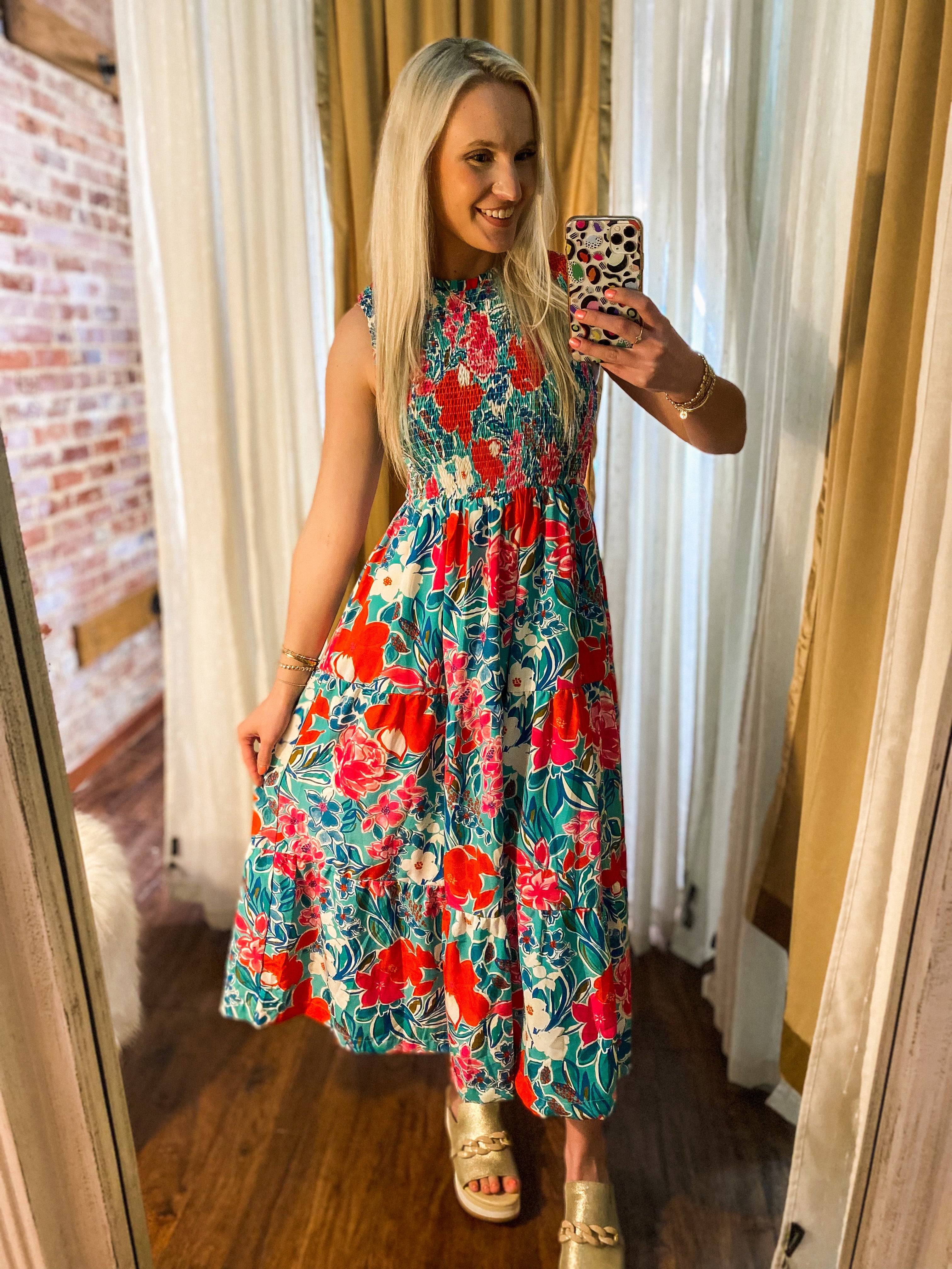 Never Tell Teal & Red Floral Smocked Maxi THML Dress – Shopaholics Only ...