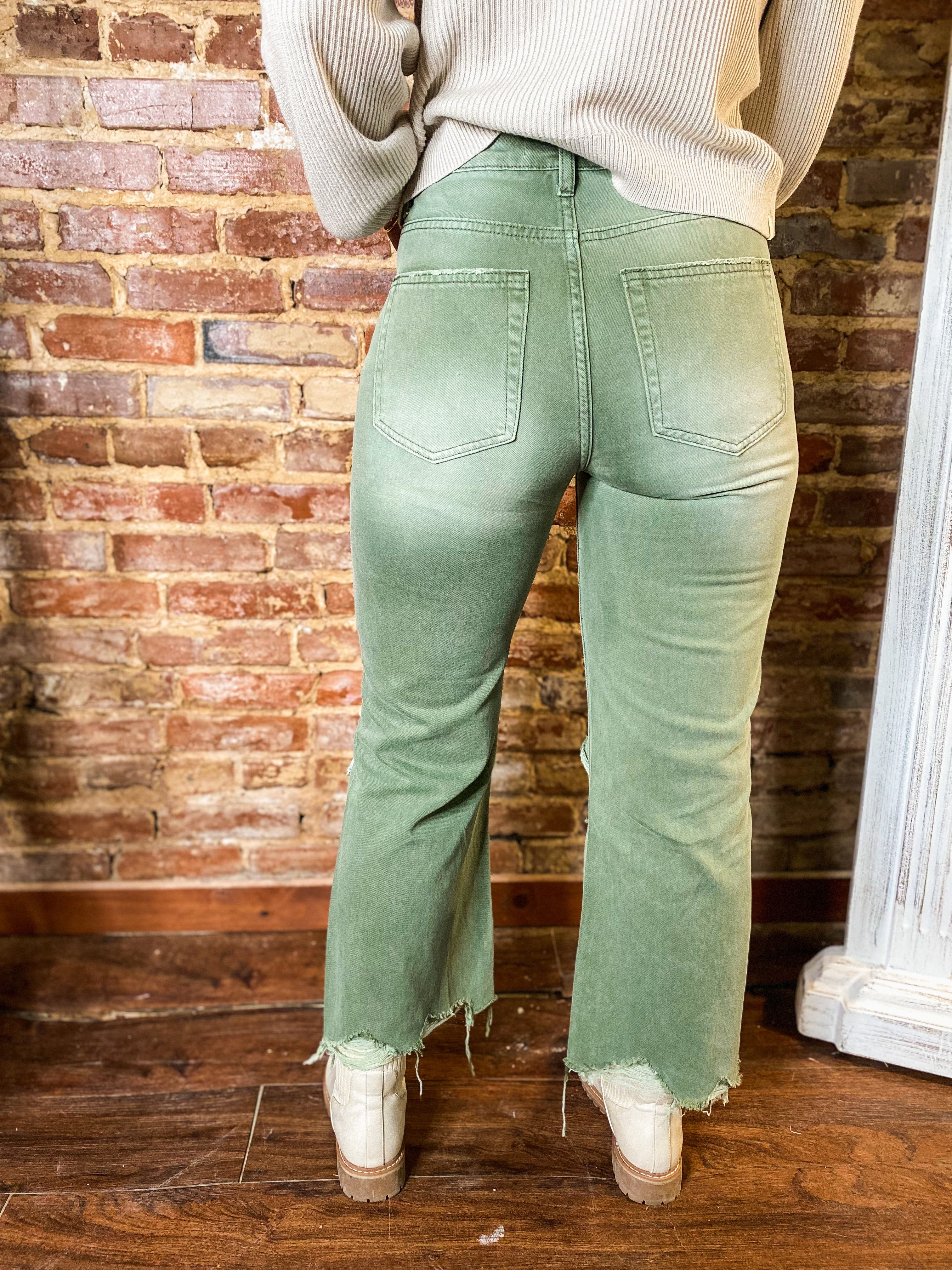 Leslie Army Green 90's Vintage High Rise Cropped Flare Denim