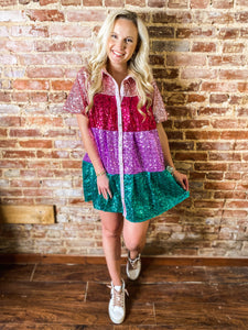 Shining Bright Pink Color Block Tiered Mini Sequin Dress