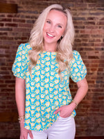 Load image into Gallery viewer, Forever Kind Of Love Blue &amp; Yellow Floral Short Sleeve Blouse
