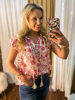 Load image into Gallery viewer, Dream Come True Pink &amp; White Floral Short Sleeve Blouse
