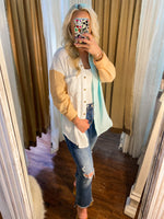Load image into Gallery viewer, Seas The Day Sherbert &amp; Aqua Color Block Simply Southern Button Down Blouse
