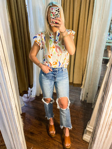 Never Dull Multi-Colored Abstract Print Short Sleeve THML Blouse