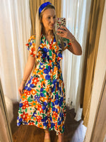 Load image into Gallery viewer, Begins With You Button Down Royal Blue &amp; White Floral Midi Dress
