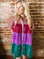 Load image into Gallery viewer, Shining Bright Pink Color Block Tiered Mini Sequin Dress
