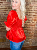 Load image into Gallery viewer, Stepping In The Light Red Shimmer Short Sleeve Peplum Blouse
