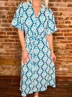 Load image into Gallery viewer, Good For You Blue &amp; White Floral Button Down Midi Dress
