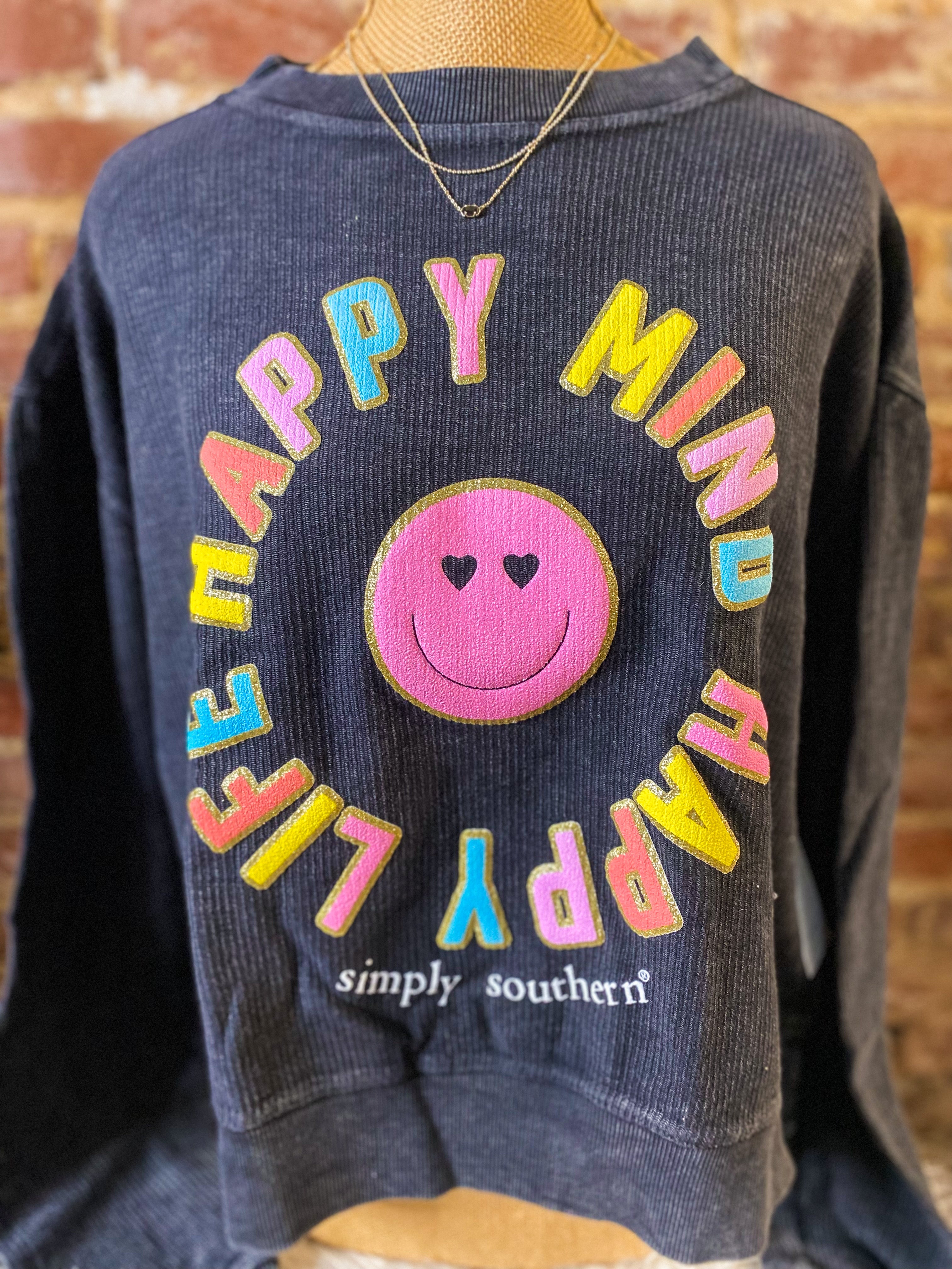 Happy Mind, Happy Life Smiley Face Black Simply Souther Crop Sweatshirt