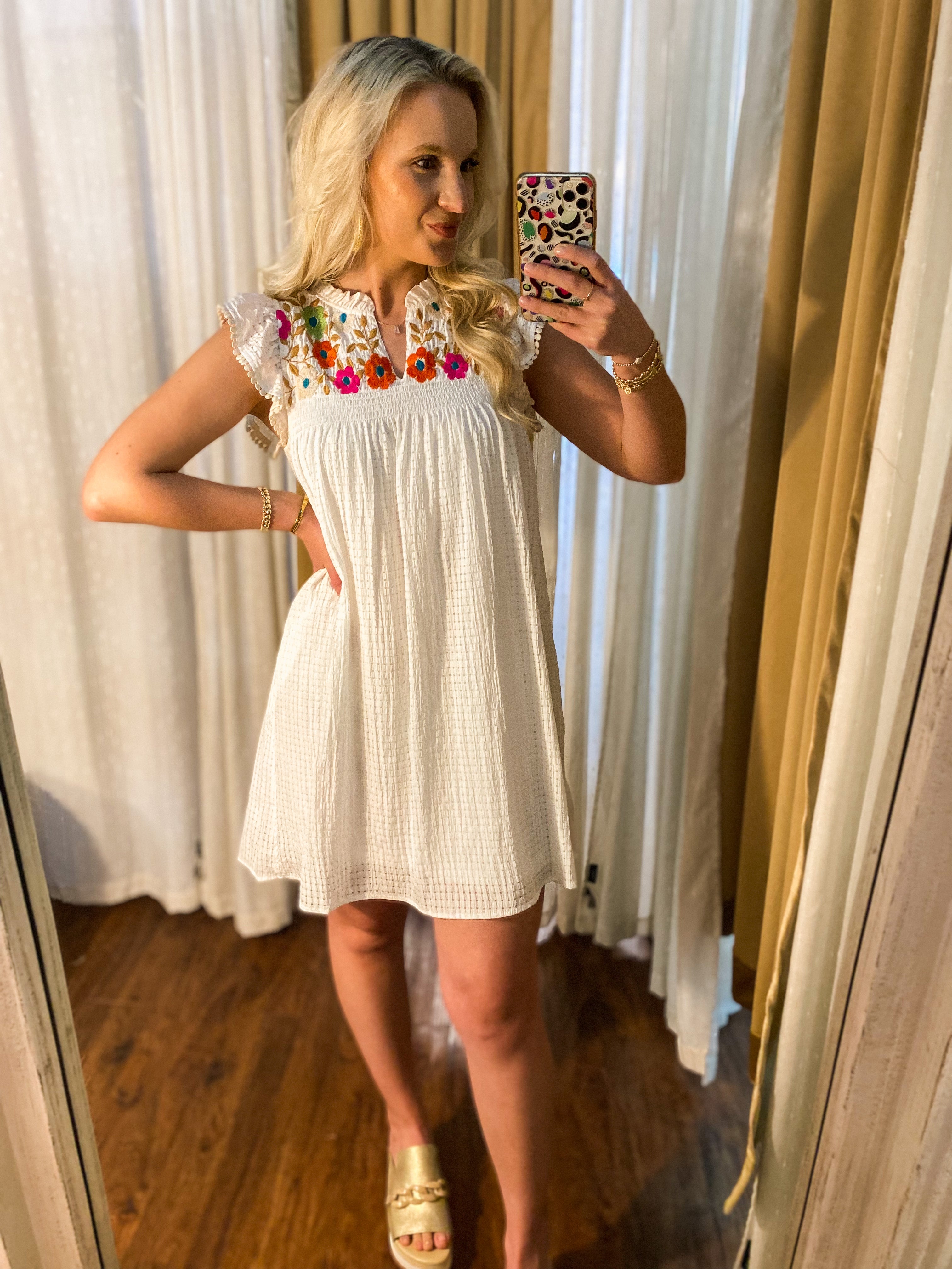 Your Chance White Gingham Floral Embroidered THML Dress