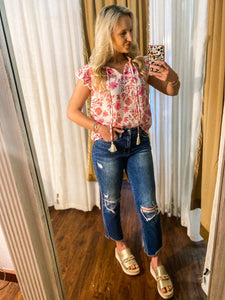 Dream Come True Pink & White Floral Short Sleeve Blouse