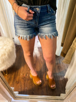 Load image into Gallery viewer, See The Sun Mid Rise Frayed Hem Dark Wash Stretch Kan Can Shorts
