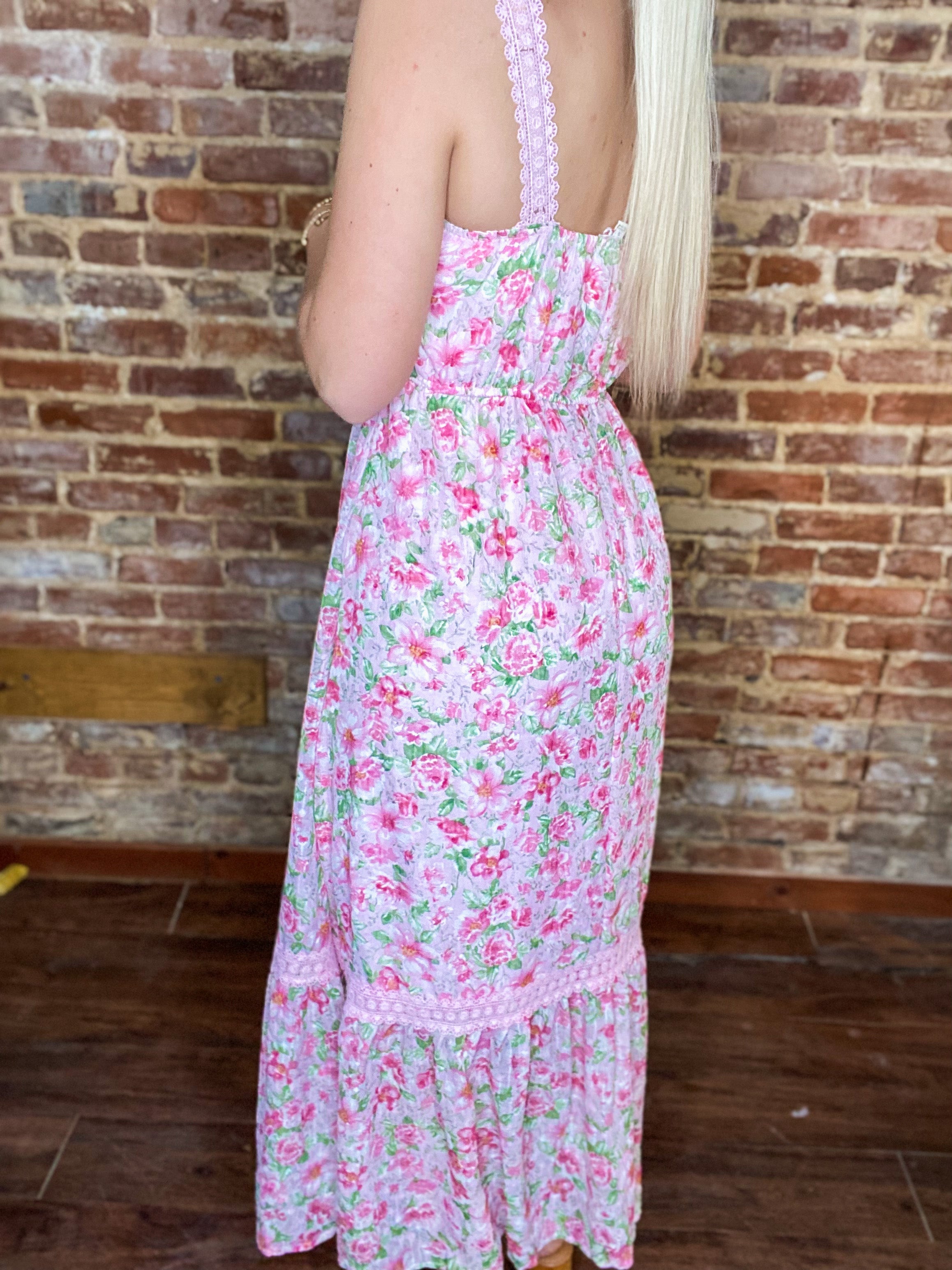 Hard To Please Pink Floral Crochet Bow Tie Strap Maxi Dress
