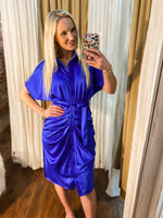 Load image into Gallery viewer, Critical Thinking Royal Blue Ruched Button Down Midi Dress
