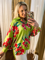 Load image into Gallery viewer, Never Dull Lime Green &amp; Pink Floral Button Down Blouse
