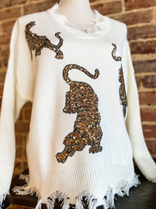 On The Prowl Sequin Tiger Ivory Knitted Sweater