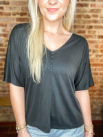 Load image into Gallery viewer, Total Trouble Button Detail Basic Black Short Sleeve Blouse
