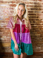 Load image into Gallery viewer, Shining Bright Pink Color Block Tiered Mini Sequin Dress
