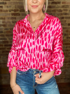 Treat Yourself Pink Splotched Button Down Blouse